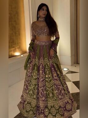 Purple Green Embellished Georgette Party Net Lehenga Set